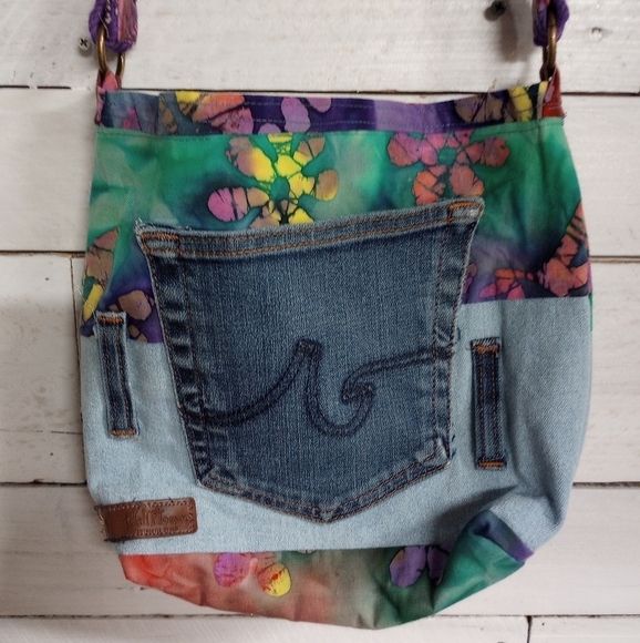 Upcycled Denim Purse Shoulder Bag with Upcycled Lining, Boho Patchwork - Picture 1 of 12